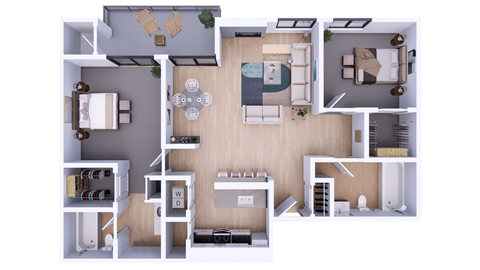 A top-down view of a small apartment with a kitchen, living room, and bedroom.
